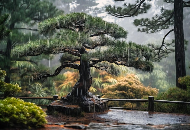 Ein Bild einer Kiefer und Regen, der darüber fällt