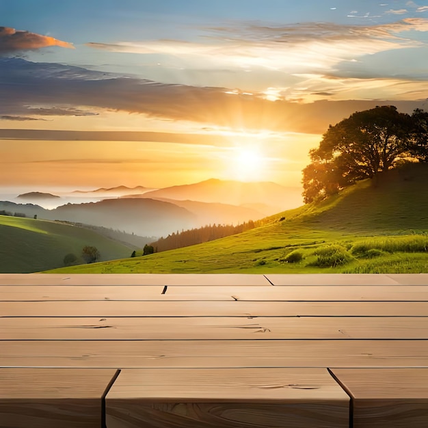 Ein Bild einer Landschaft mit einem Holztisch und der untergehenden Sonne darauf.