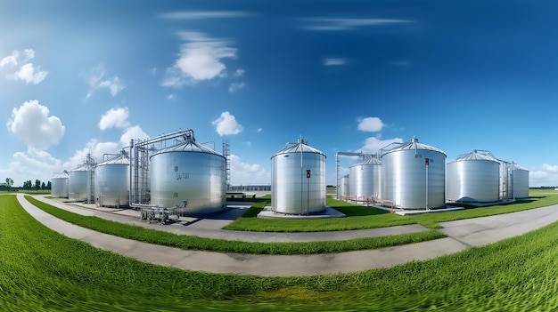 ein Bild einer landwirtschaftlichen Industrie mit einem Feld aus grünem Gras und blauem Himmel mit Wolken