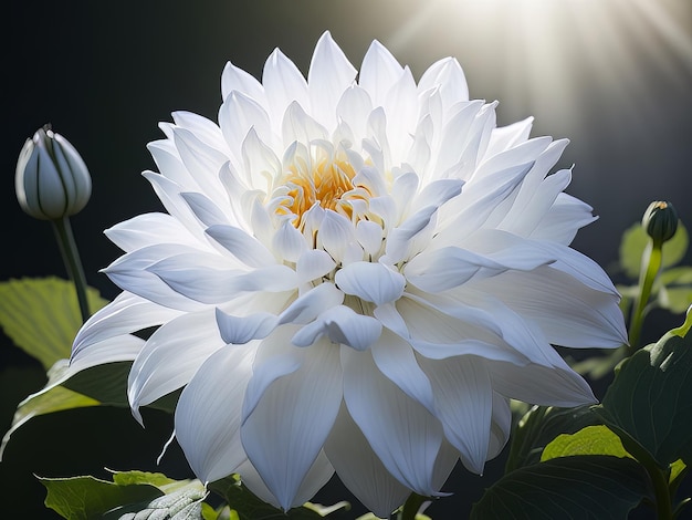 Ein Bild einer lebendigen Dahliablüte in voller Blüte mit Sonnenlicht, das in ihre Blütenblätter strömt