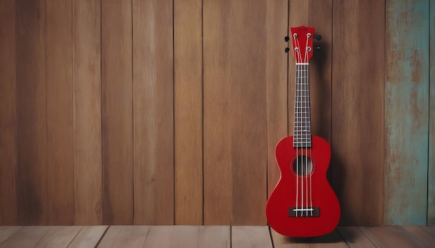 Foto ein bild einer lebendigen ukulele, die an einer rustikalen holzwand in einer gemütlichen strandhütte hängt