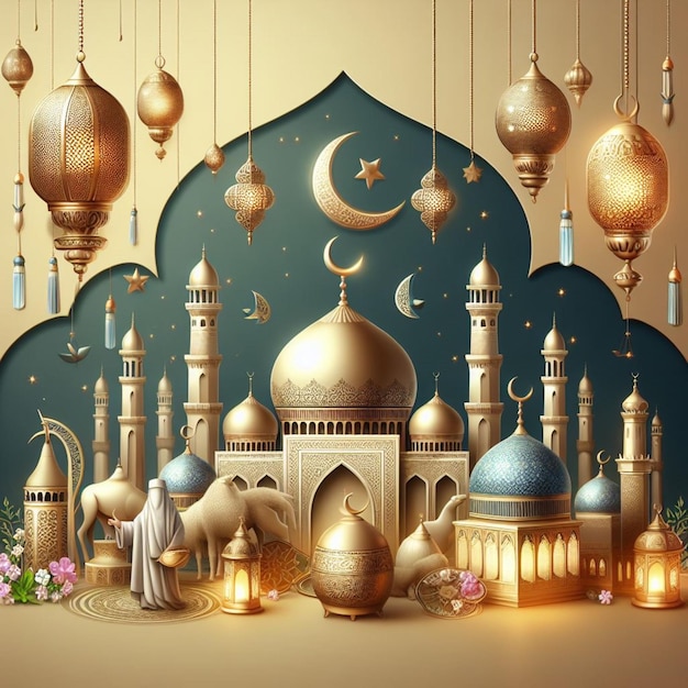 ein Bild einer Moschee mit blauem Hintergrund mit Mond und Sternen