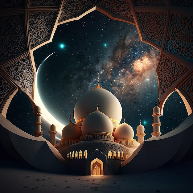Ein Bild einer Moschee mit einem Halbmond im Hintergrund