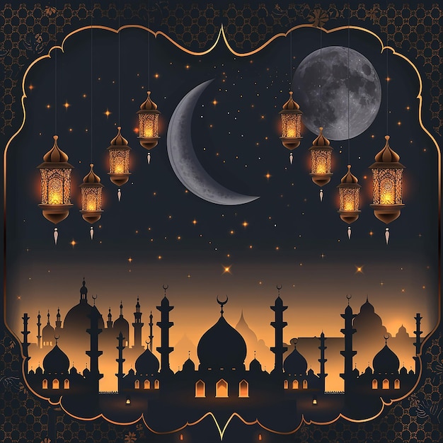 ein Bild einer Moschee mit einem Mond und einem Mond im Hintergrund