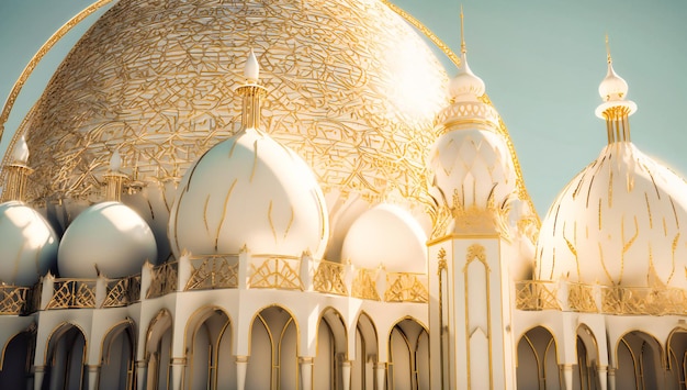 Ein Bild einer Moschee mit einem weißen Bauwerk und einem goldenen Dach