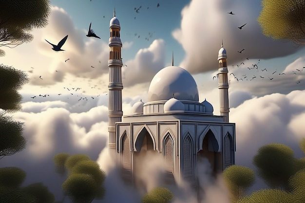 ein Bild einer Moschee mit Vögeln, die im Himmel fliegen