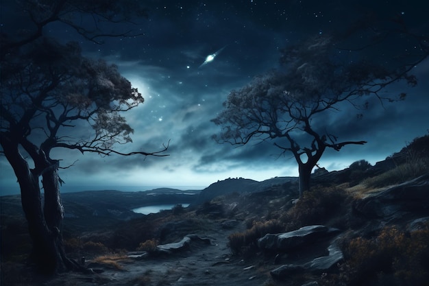 ein Bild einer Nachtszene mit Bäumen und Sternen