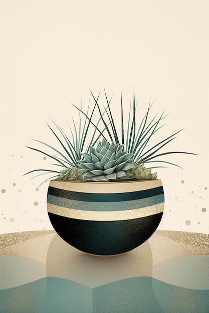 ein Bild einer Pflanze in einem Topf mit einem blau-weißen Streifen.
