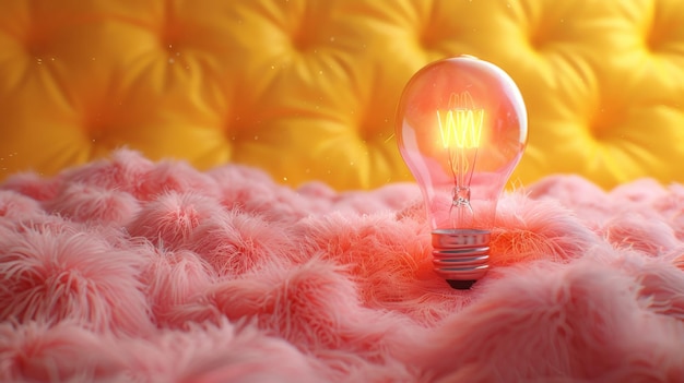 Ein Bild einer rosa Pelzglühbirne, die auf einem gelben Hintergrund schwebt, wird in 3D dargestellt