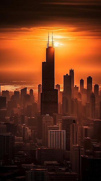 Ein Bild einer Stadt, hinter der die Sonne untergeht