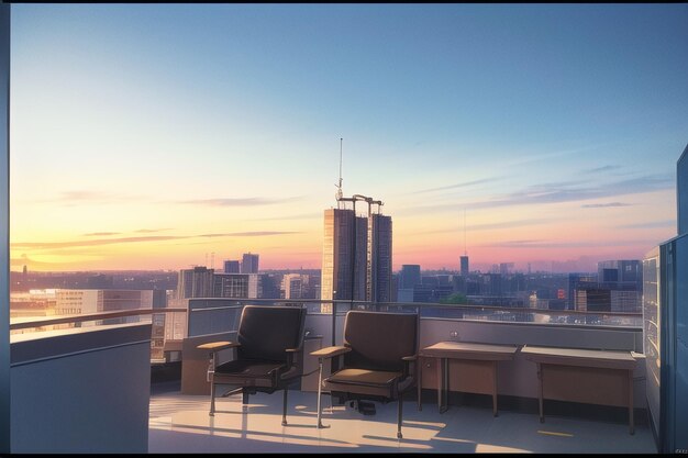 Ein Bild einer Stadt mit Sonnenuntergang und einem Stuhl auf dem Balkon.