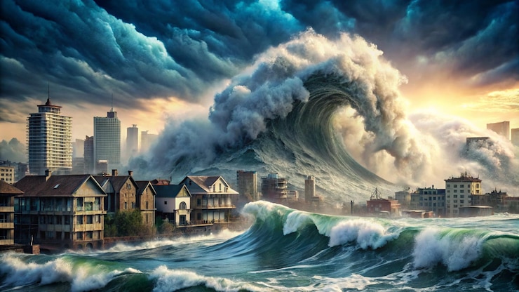 Foto ein bild einer stadt, über der eine welle stürzt