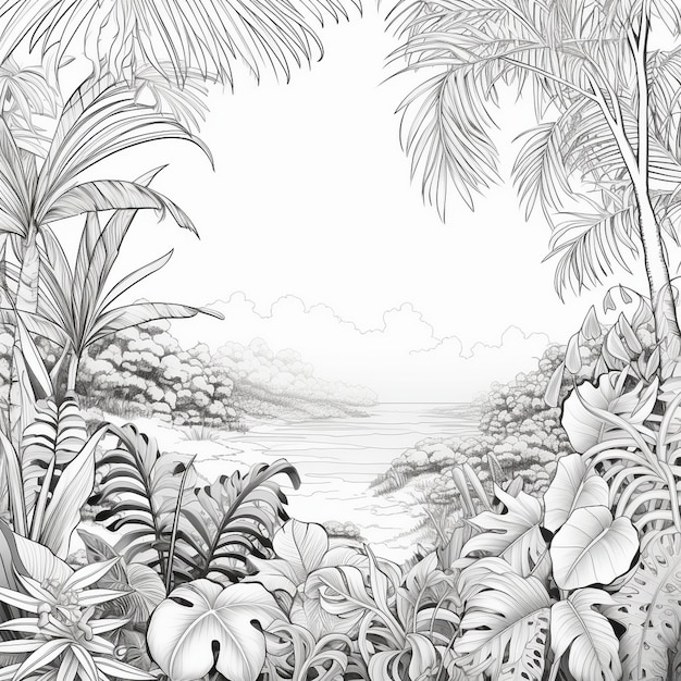 Foto ein bild einer strandszene mit palmen und dem ozean im hintergrund.