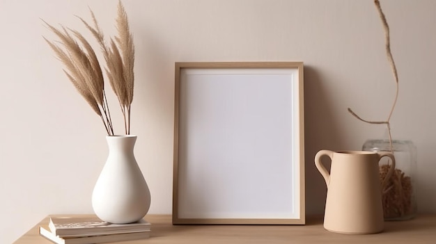 ein Bild einer weißen Vase mit einem Bild von Weizen und einer Holzkiste mit einem Bilderrahmen.
