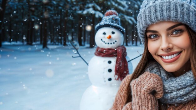 Foto ein bild einer winterlandschaft mit einer schönen lächelnden frau und einem schneemann im hintergrund