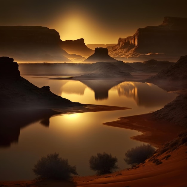 Ein Bild einer Wüste mit einem Berg im Hintergrund und der Sonne, die auf das Wasser scheint.