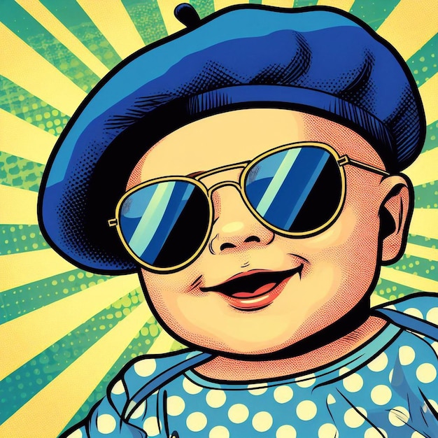 ein Bild eines Babys mit Sonnenbrille und einem blauen Hut