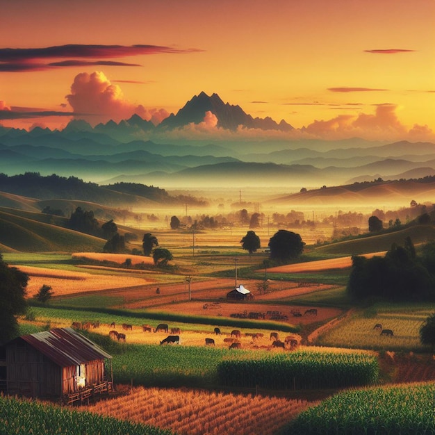 ein Bild eines Bauernhofs mit einem Bauernhaus und Bergen im Hintergrund