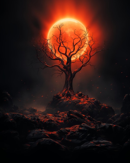 ein Bild eines Baumes im Dunkeln mit einem roten Mond im Hintergrund