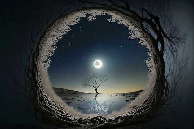 Ein Bild eines Baumes mit dem Mond im Hintergrund