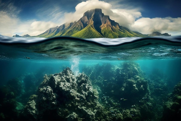 ein Bild eines Berges und des Ozeans mit einem Berg im Hintergrund