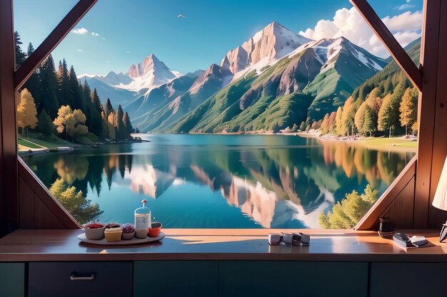 Ein Bild eines Berges und ein Fenster mit Blick auf einen Berg.