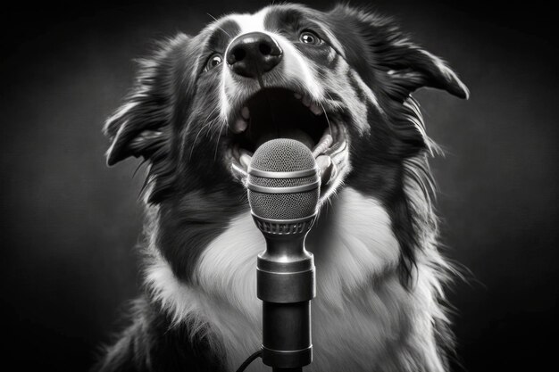 Ein Bild eines Border-Collie-Hundes, der vor einem Mikrofon singt