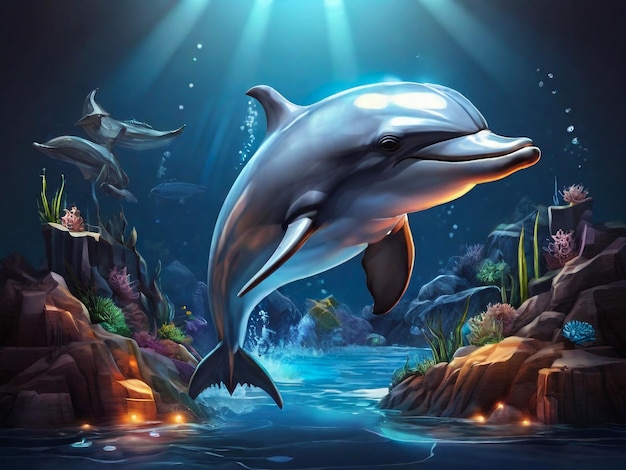 ein Bild eines Delphins und eines Fisches im Wasser