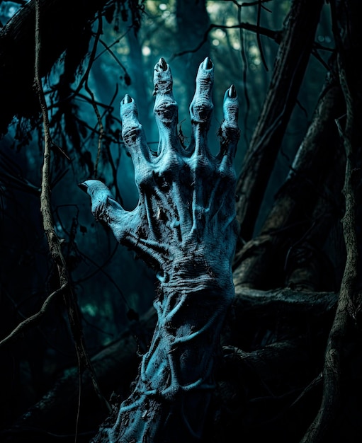 ein Bild eines dunklen, düsteren Waldes mit einer gruseligen Hand, die in den dunklen Himmel streckt
