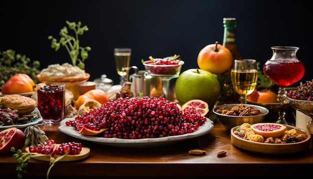 Ein Bild eines festlichen Rosh Hashanah-Tisches mit traditionellen Gerichten, die Süße und Abudan repräsentieren