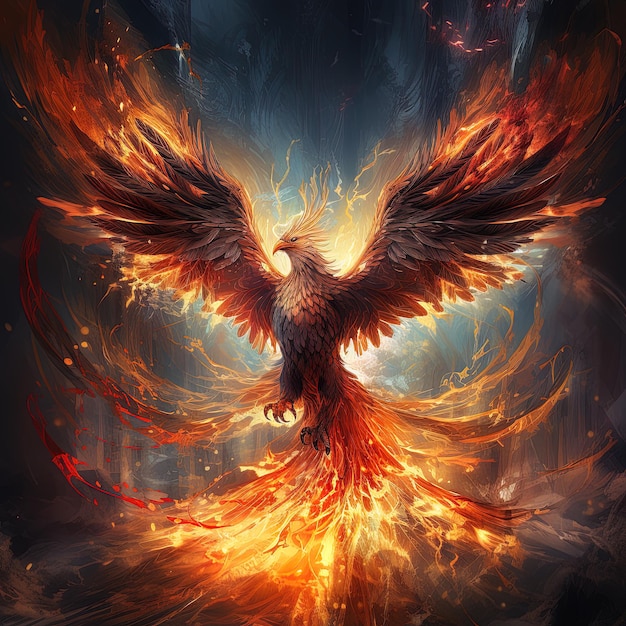ein Bild eines fliegenden Adlers mit Flammen im Hintergrund