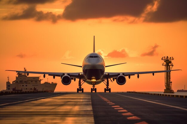 Ein Bild eines Frachtflugzeugs oder eines Containerschiffs vor einem wunderschönen Sonnenuntergang