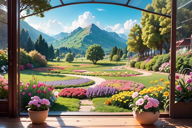 Ein Bild eines Gartens mit einem Berg im Hintergrund