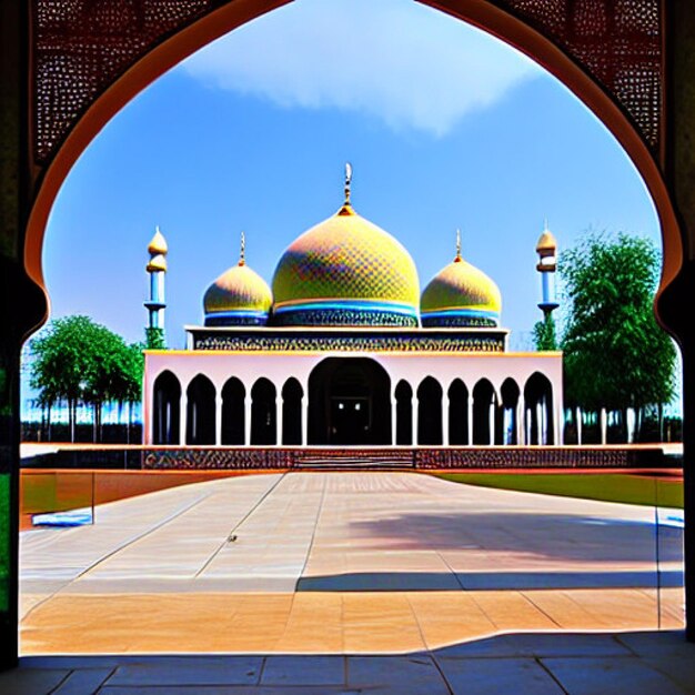 Ein Bild eines Gebäudes mit einem großen Fenster, auf dem die Moschee steht