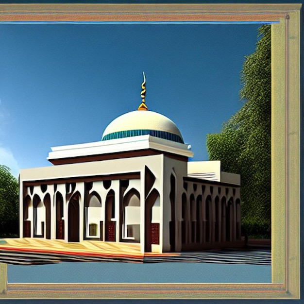 Ein Bild eines Gebäudes mit einer Moschee auf der Spitze.