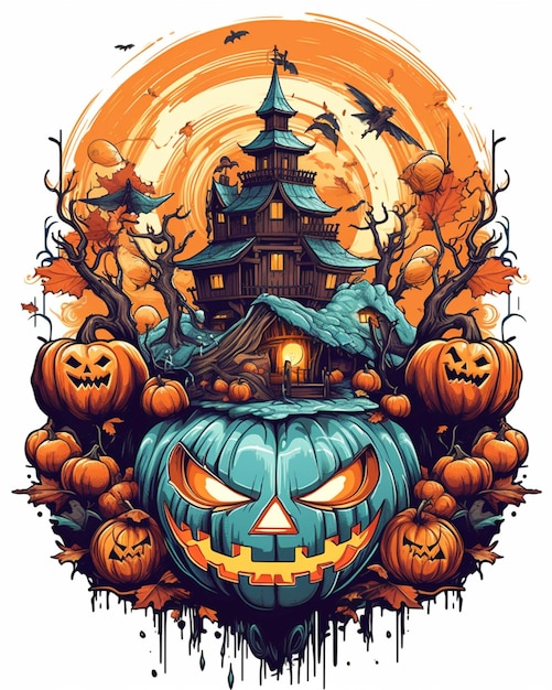 Ein Bild eines Halloween-Kürbises mit einem Haus im Hintergrund, generative KI