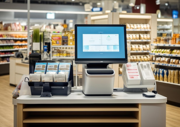 Ein Bild eines hochmodernen, KI-gestützten Self-Checkout-Bereichs in einem modernen Einzelhandelsgeschäft