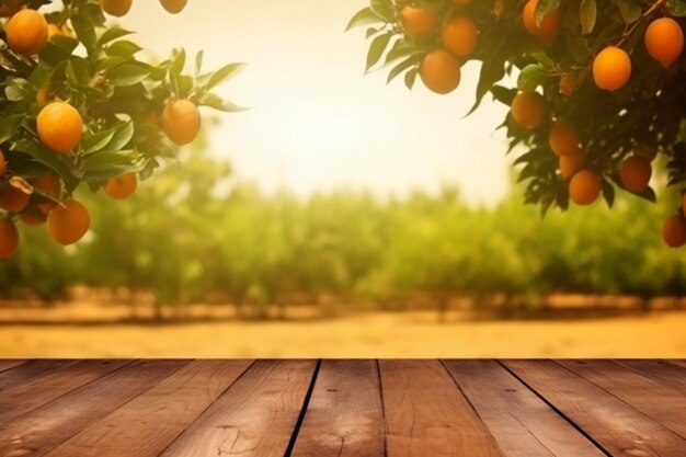 Ein Bild eines Holztisches mit einem Orangenbaum im Hintergrund