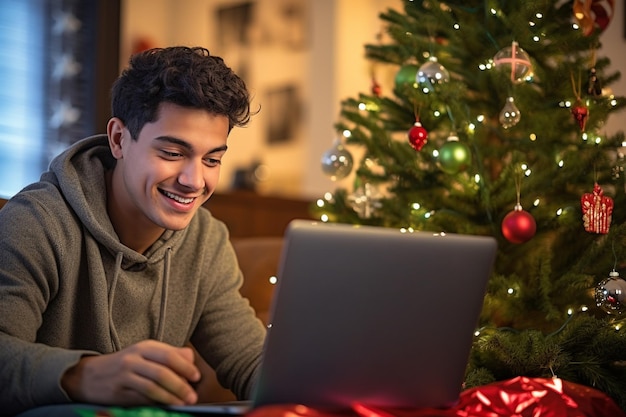 Ein Bild eines jungen hispanischen Mannes, der einen Laptop benutzt, während er neben einem Weihnachtsbaum in seinem Haus sitzt