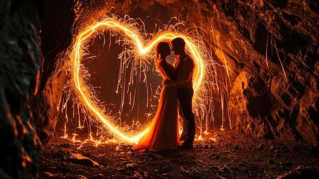 Ein Bild eines kaukasischen Paares, das sich in der Nähe eines herzförmigen Feuers umarmt.