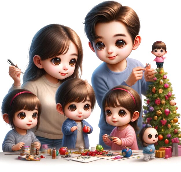 ein Bild eines Kindes mit einem Weihnachtsbaum und einer Frau mit einer Puppe und einem Weihнаchtsbaum