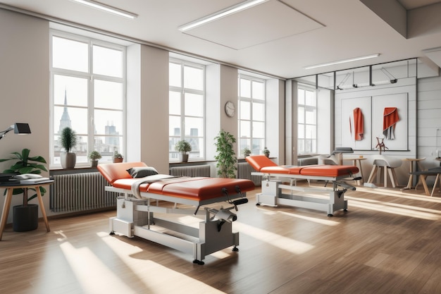 Ein Bild eines Krankenhausraums mit einem Bett und Stühlen, die eine komfortable Umgebung für Patienten und Besucher bieten Moderne Rehabilitation Physiotherapie KI generiert