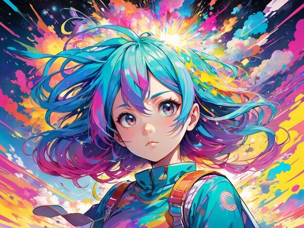 ein bild eines mädchens mit bunten haaren anime mädchen mit kosmischen haaren abstrakte kunst farbenfrohe explosion