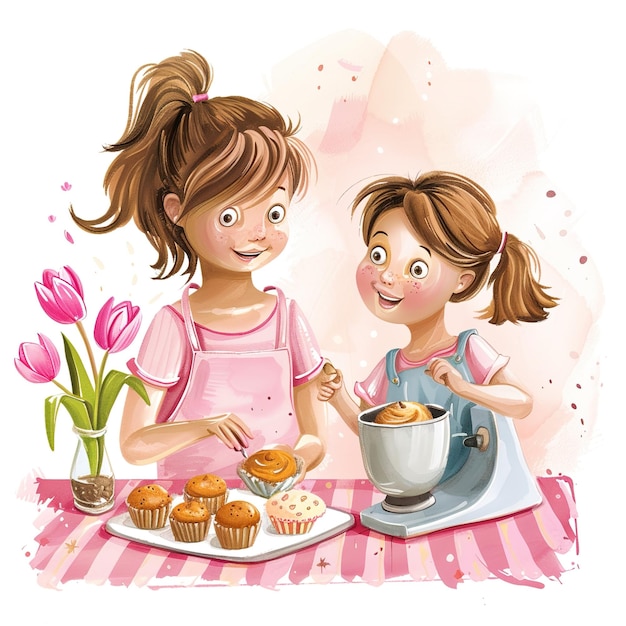 ein Bild eines Mädchens und ein Topf mit Essen mit einem Mädchen und einem Topf mit Tulpen