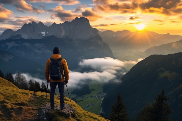 Ein Bild eines Mannes, der auf einem üppig grünen Hügel steht und die malerische Landschaft überblickt Ein einsamer Mann genießt die Aussicht auf die Sommerberge, während er auf einem Berggipfel steht