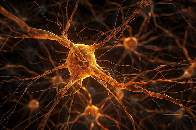 Ein Bild eines Neurons mit orangefarbenem Licht und schwarzem Hintergrund.