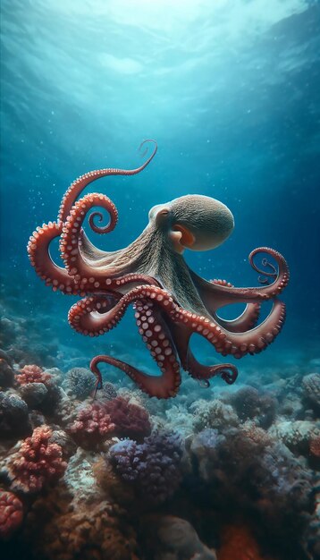 Foto ein bild eines oktopus mit korallen um ihn herum