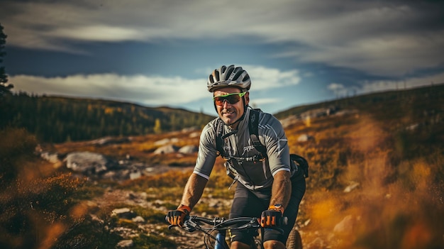 Ein Bild eines professionellen Radfahrers, der mit Helm und Brille auf einem Fahrrad in einer abgelegenen Gegend steht