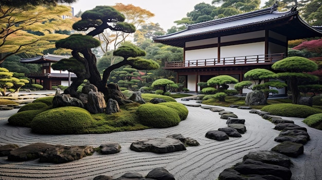 Ein Bild eines ruhigen Gartens im japanischen Stil mit wunderschönen Bonsai-Bäumen und Kieswegen