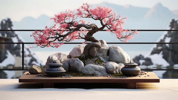 Ein Bild eines ruhigen, von Zen inspirierten Steingartens mit markantem Bonsai-Kirschblütenbaum